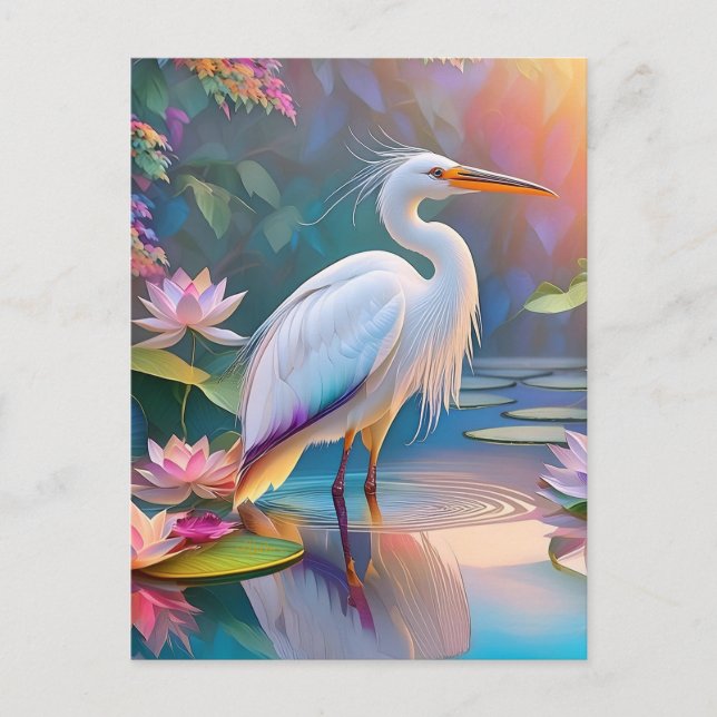Carte Postale Héron blanc à bec orange, oiseau de fantaisie (Devant)