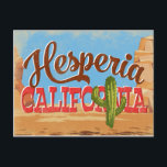 Carte Postale Hesperia California Cartoon Desert Vintage voyage<br><div class="desc">Hesperia California neo design de voyage vintage dans un drôle de style cartoon rétro avec le désert,  un cactus et des rochers. Bleu,  marron et rouge avec cactus vert.</div>
