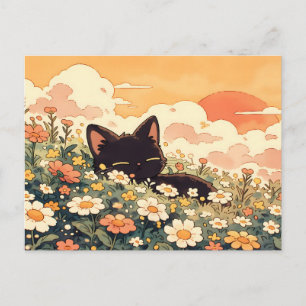 Carte Postale Heure dorée Daisy Kawaii Chat noir