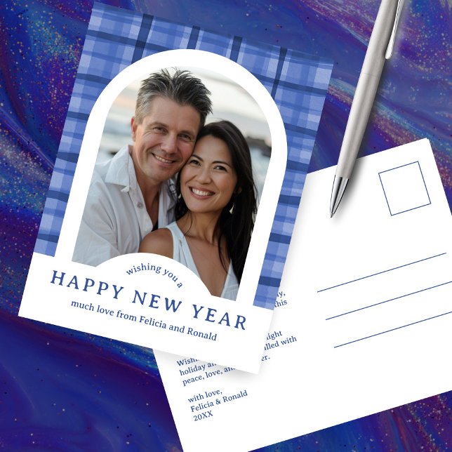 CARTE POSTALE HEUREUSE NOUVELLE ANNÉE AQUATIQUES AQUATIQUES PLAN (HAPPY NEW YEAR Happy Holidays Watercolor Plaid CUSTOM Arch PHOTO Postcard
)