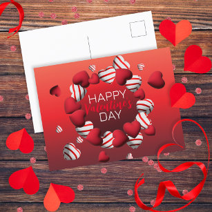 Carte Postale Heureuse Sainte-Valentin de coeur 3D rayé blanc ro