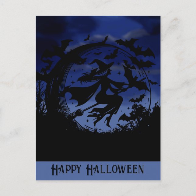 Carte Postale Heureuse sorcière volante Halloween (Devant)