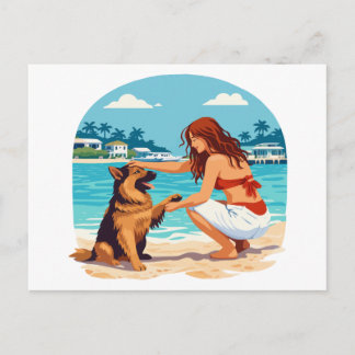 Carte Postale Heureux Berger Allemand et femme se liant sur la p