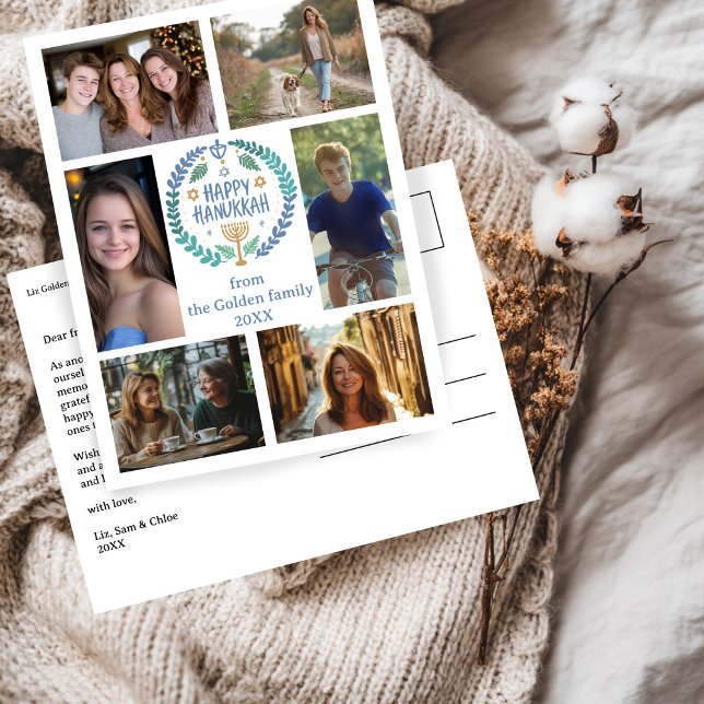 Carte Postale HEUREUX HANOUKKA CUSTOM-Drawn 6 PHOTO Holiday (HAPPY HANUKKAH Hand-Drawn CUSTOM 6 PHOTO Collage Holiday Postcard
)