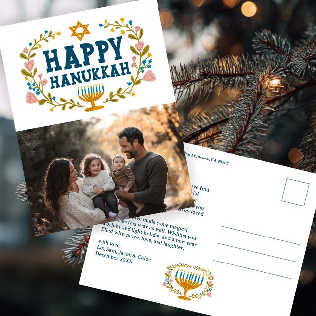 Carte Postale HEUREUX HANOUKKA Floral Wreath Menorah Photo perso (HAPPY HANUKKAH Floral Wreath Menorah Custom PHOTO Postcard
)