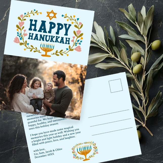 Carte Postale HEUREUX HANOUKKA Floral Wreath Menorah Photo perso (HAPPY HANUKKAH Floral Wreath Menorah Custom PHOTO Postcard
)