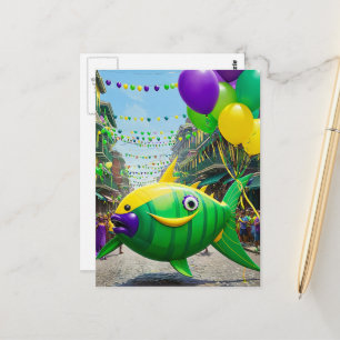 Carte Postale Heureux Poisson Vert de Mardi Gras