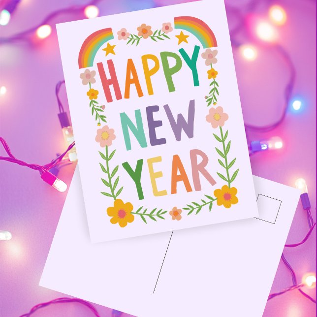Carte Postale HEUREUX Whimsical HEUREUX manuel de la nouvelle an (Cheerful Whimsical HAPPY NEW YEAR Rainbow Boho FLoral Handlettering Purple Postcard
)