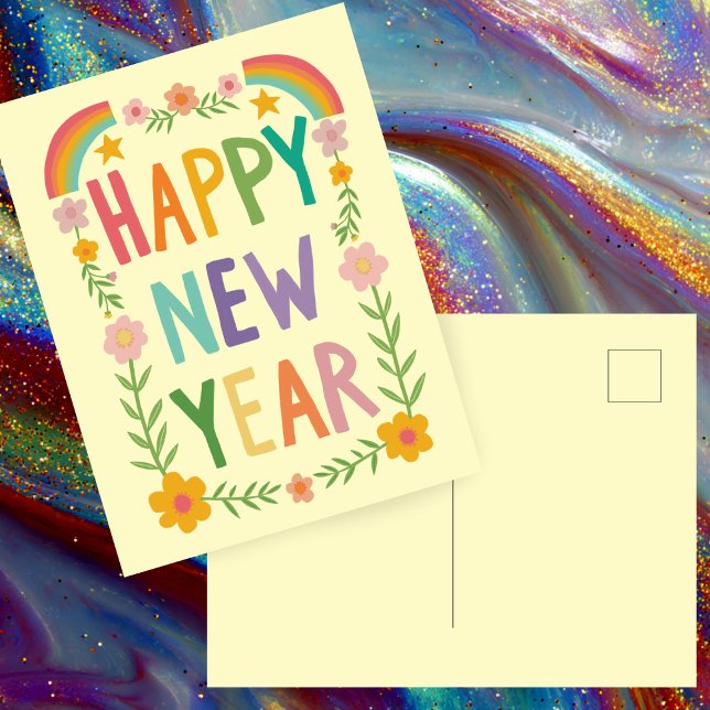 Carte Postale HEUREUX Whimsical HEUREUX manuel de la nouvelle an (Cheerful Whimsical Floral Rainbow HAPPY NEW YEAR Handlettering Postcard
)