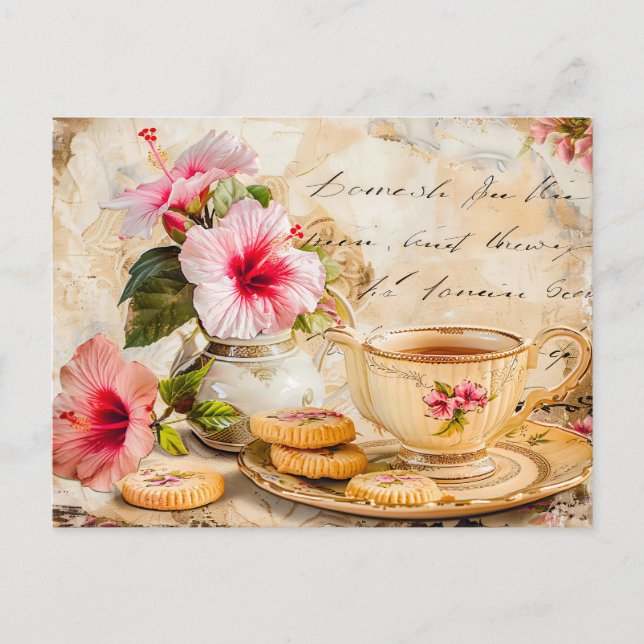 Carte Postale Hibiscus Blossoms et Fantasy Script and Tea Cup (Devant)