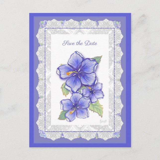 Carte Postale Hibiscus et dentelle BLEU (Devant)