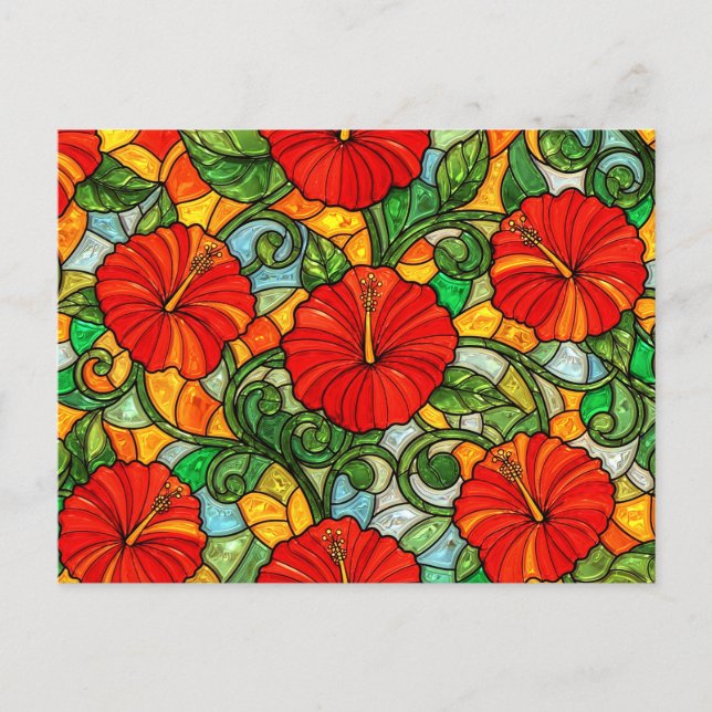 Carte Postale Hibiscus Faux Vitrail Rouge Or Orange (Devant)