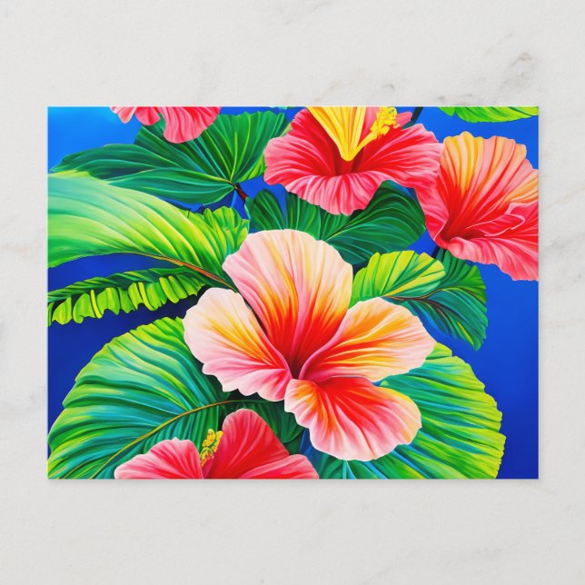 Carte Postale hibiscus hawaïen fleurs rouges tropicales et vert (Devant)