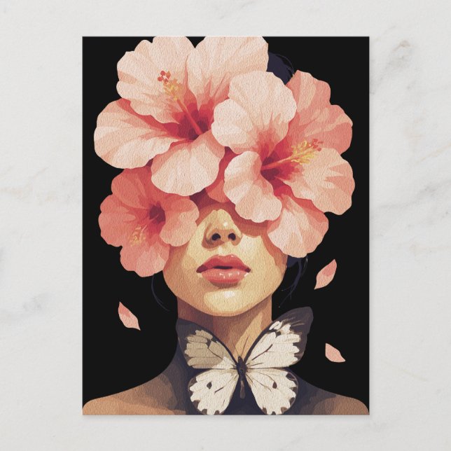 Carte Postale Hibiscus & Papillon – Floral Botanique Moderne (Devant)