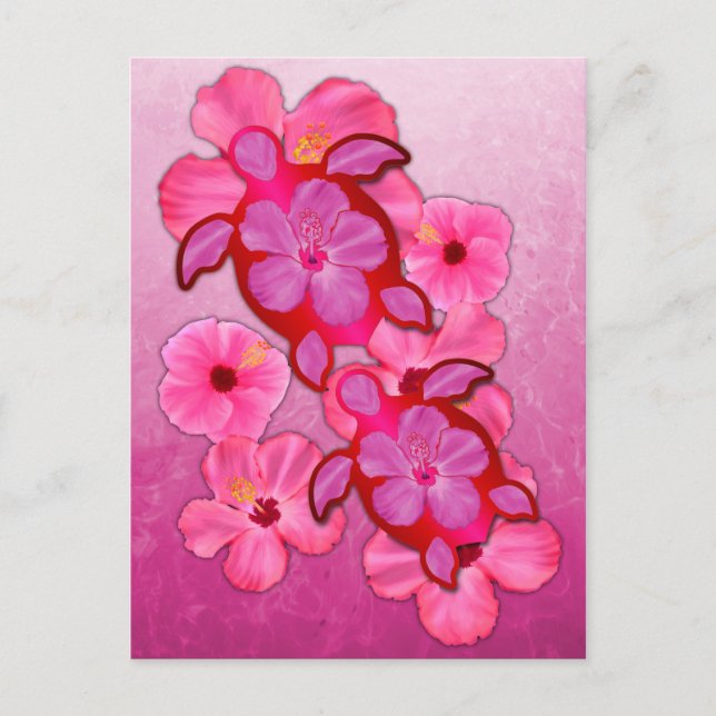 Carte Postale Hibiscus Rose Et Tortues Honu (Devant)