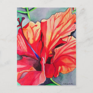 Carte Postale Hibiscus rouge fleurs tropicales aquarelle art