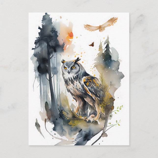Carte Postale Hibou à l'aquarelle dans la forêt (Devant)