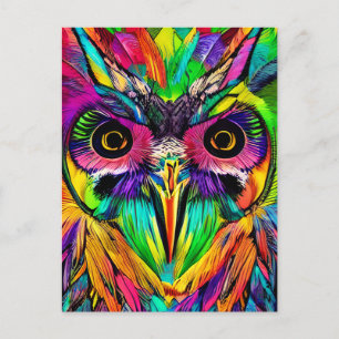 Carte Postale Hibou aux plumes colorées Art AI insolite