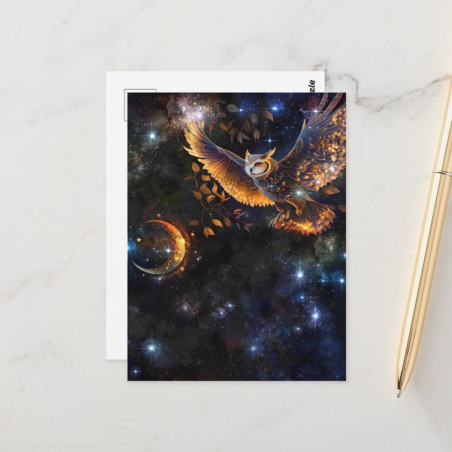 Carte Postale Hibou dans le ciel nocturne (Devant/Arrière en situation)