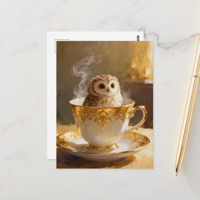 Carte Postale Hibou dans une tasse à thé (Devant/Arrière en situation)
