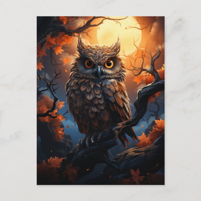 Carte Postale Hibou et une Pleine lune Halloween (Devant)