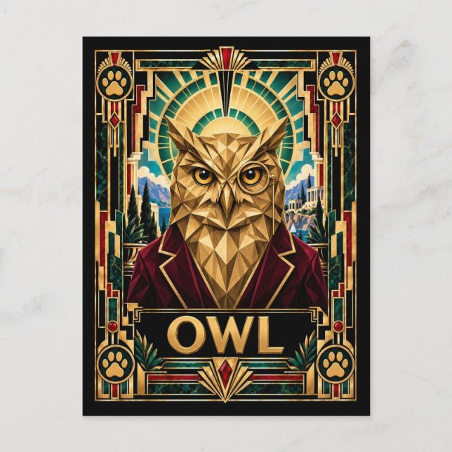 Carte Postale Hibou, faune Art Déco (Devant)