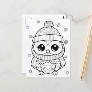 Carte Postale Hibou festif pour enfants à colorier 