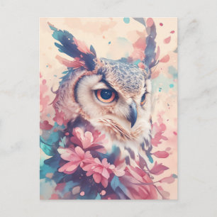 Carte Postale Hibou majestueux à cornes dans un jardin floral ro