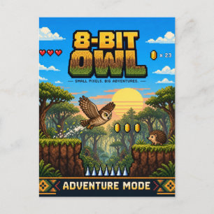 Carte Postale Hibou, Pixel Art Rétro 8 Bits