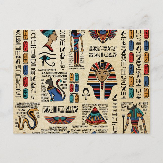 Carte Postale Hiéroglyphes et divinités égyptiennes sur papyrus (Devant)