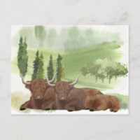 Highland Cow Family Aquarelle Écosse