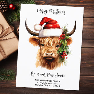Carte Postale Highland Cow Festive Nouvelle maison Joyeux Noël