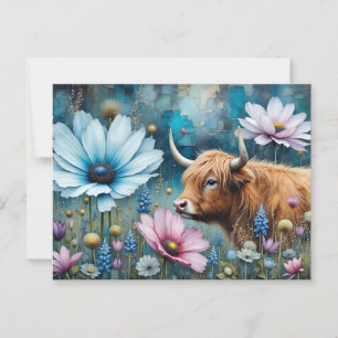 Carte Postale Highland Cow Floral Coloré Cosmos Tapestry II