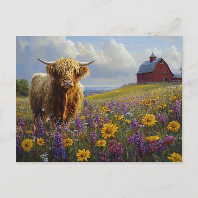 Carte Postale Highland Cow Purple Yellow Fleurs sauvages (Devant)