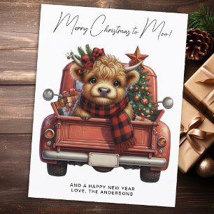 Carte Postale Highland Cow Vintage Red Truck Joyeux Noël