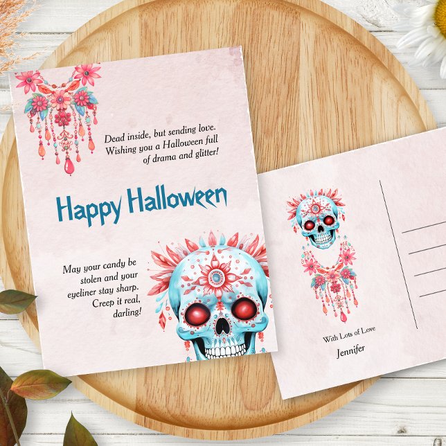 Carte Postale Hilaire Pink Blue Sugar Skull Drôle Halloween (Créateur téléchargé)