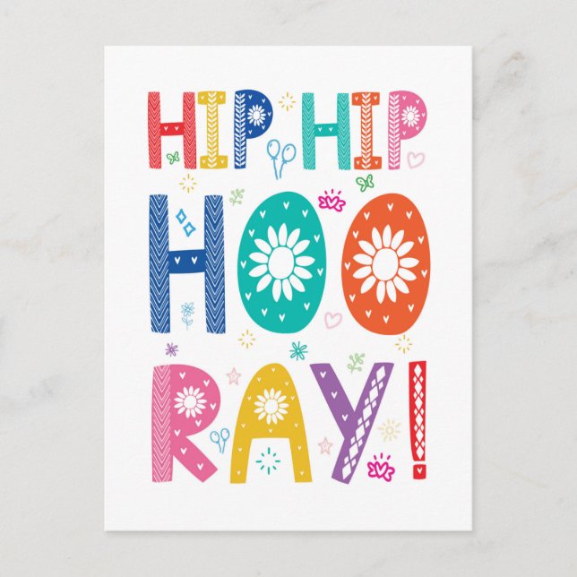 Carte Postale Hip Hip Hourra Félicitations avec une typographie  (Devant)
