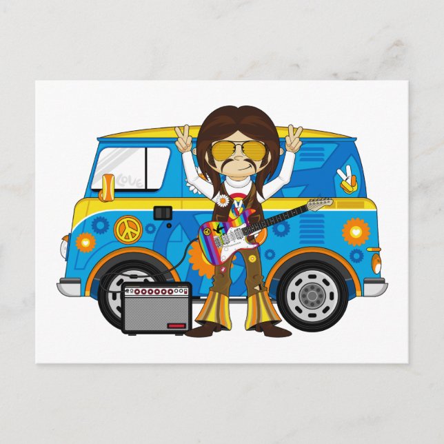 Carte Postale Hippie Boy avec Guitare & Camper Van (Devant)
