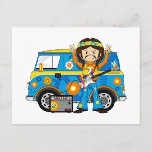 Carte Postale Hippie Boy avec Guitare et Camper Van