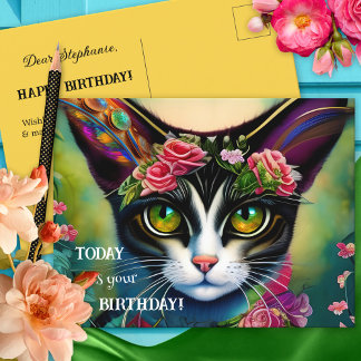 Carte Postale Hippie colorée Crazy Cat Lady Anniversaire