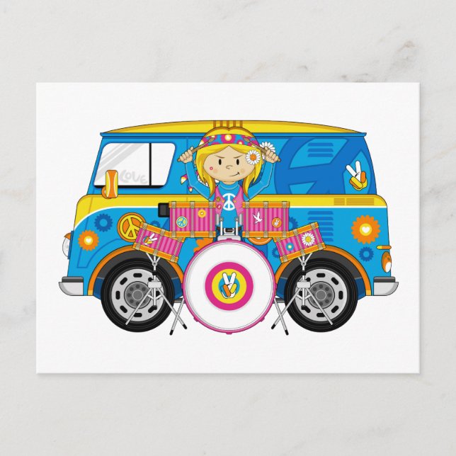 Carte Postale Hippie Girl avec batterie et Camper Van (Devant)