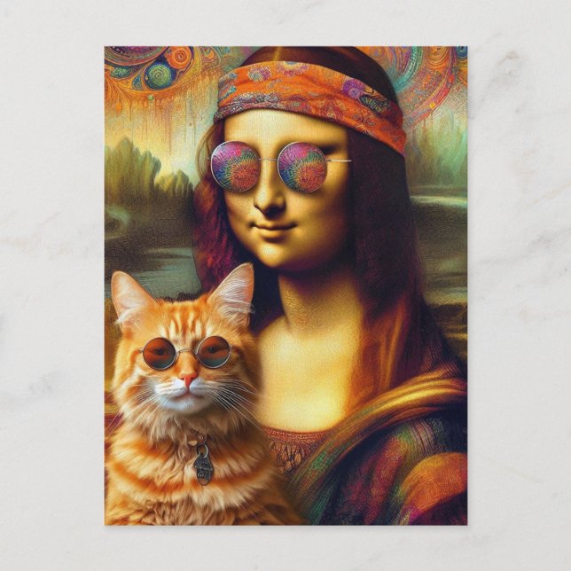 Carte Postale Hippie Mona Lisa et son chat Ginger (Devant)