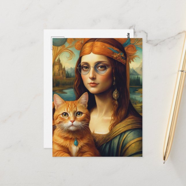 Carte Postale Hippie Mona Lisa et son chat Ginger (Devant/Arrière en situation)