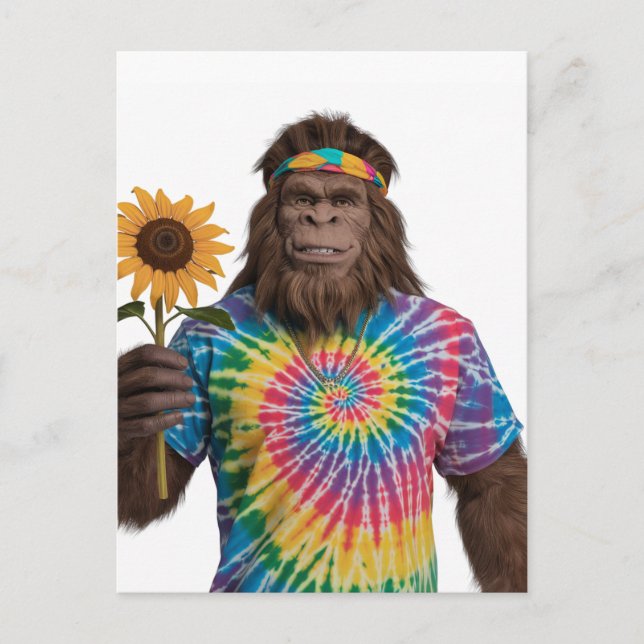 Carte Postale Hippie Sasquatch à Tiedye avec tournesol (Devant)