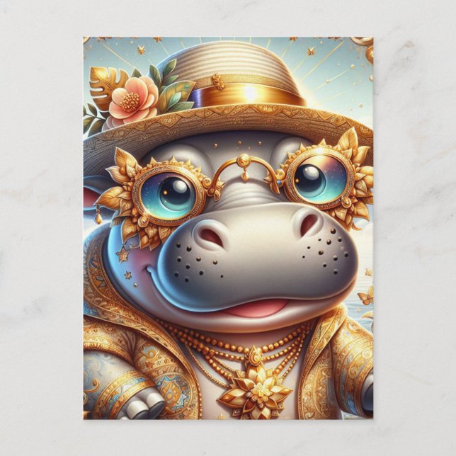 Carte Postale Hippo adorable en Gold Bling (Devant)