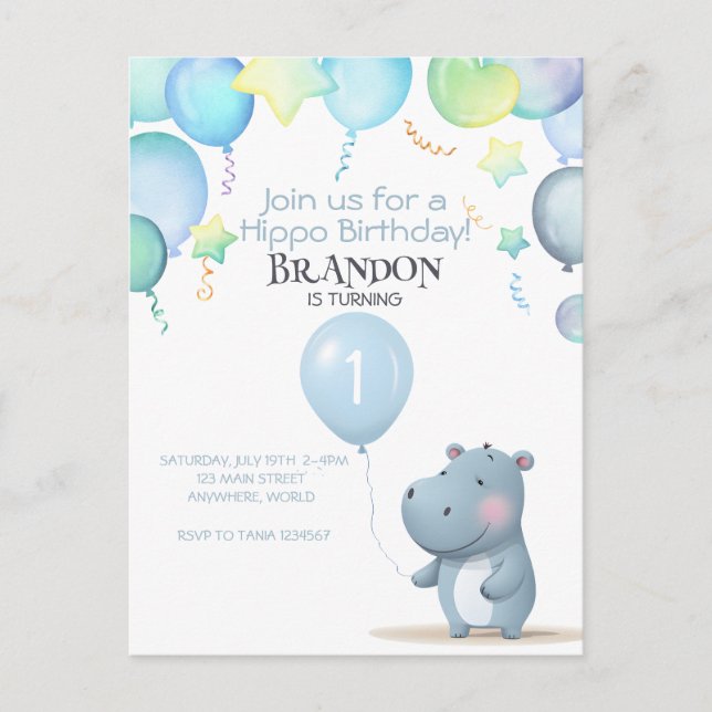 Carte Postale Hippo Anniversaire doux bleu simple invitation (Devant)