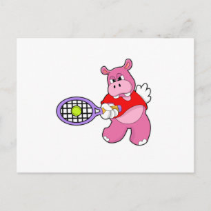 Carte Postale Hippo au tennis avec raquette de tennis