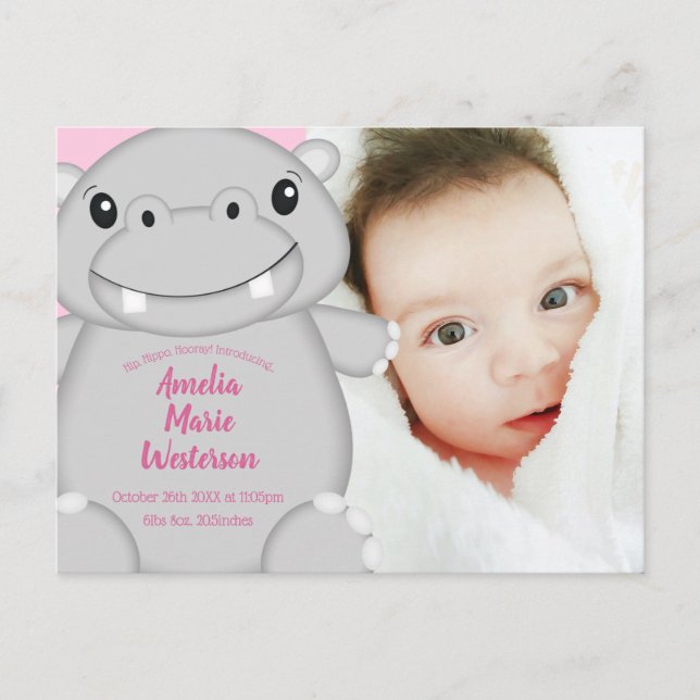 Carte Postale Hippo Baby shower rose (Devant)