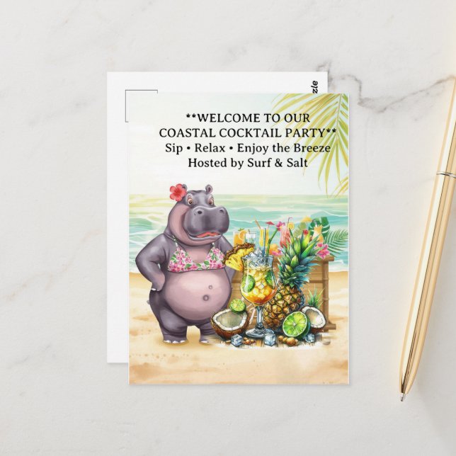 Carte Postale HIPPO BEACH Cocktail Party  Welcome message (Devant/Arrière en situation)