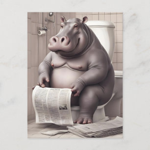 Carte Postale Hippo dans les toilettes Lecture des journaux